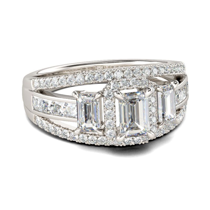 Three Stone Halo Emerald Cut Sterling Silver Ring