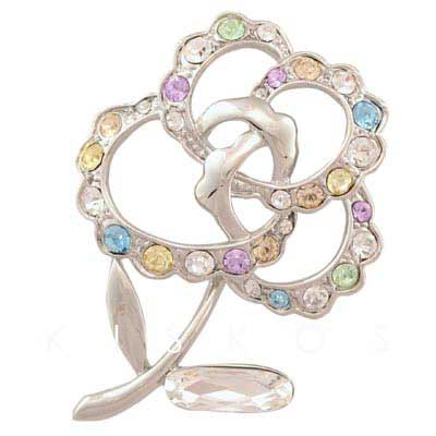 Swarovski Crystal Rose Flower Leaf Brooch