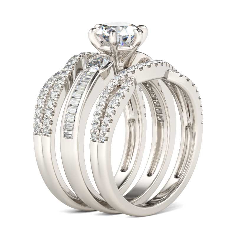 Classic Three Stone Round Cut Sterling Silver Ring Set