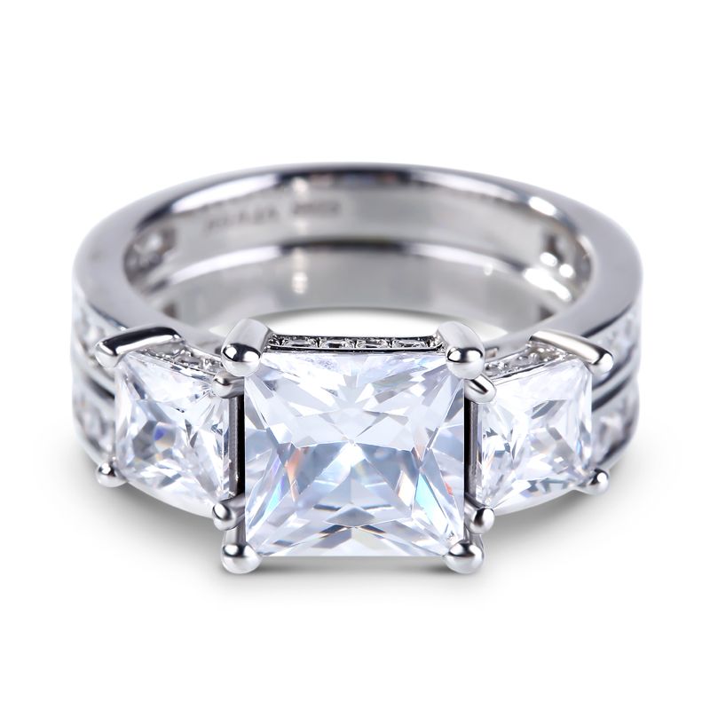 Three Stone Princess Cut Created White Spphire Ring Set