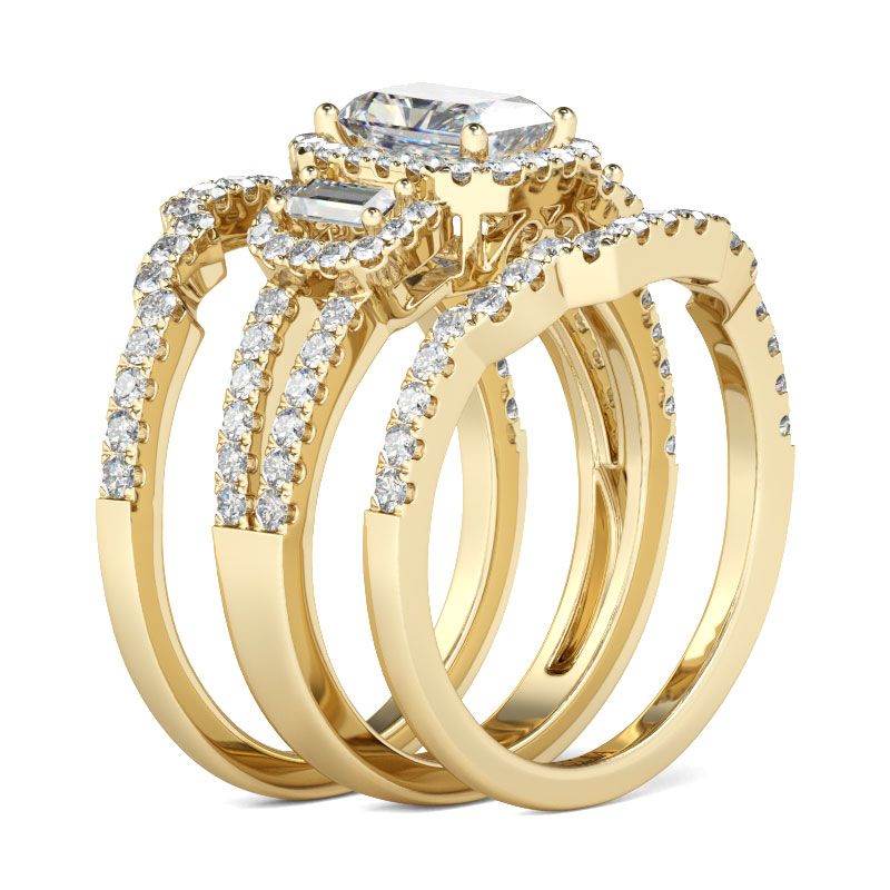 3PC Halo Gold Tone Radiant Cut Sterling Silver Ring Set