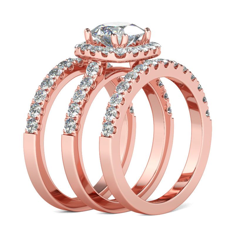 3PC Rose Gold Tone Halo Cushion Cut Sterling Silver Ring Set