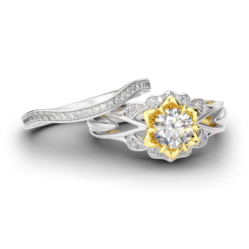 Flower Round Cut Sterling Silver Ring Set