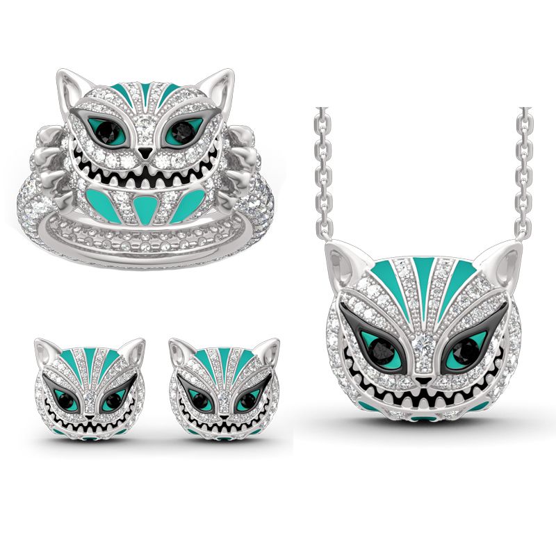 "Grinning Like a Cheshire Cat" Sterling Silver Enamel Jewelry Se