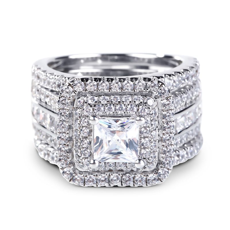 Three Halo Princess Cut Sterling Silver Enhancer Ring Set