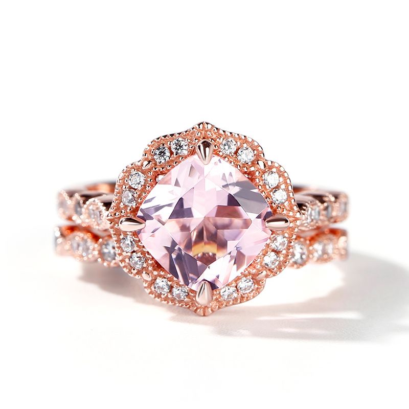 Floral Halo Cushion Cut Synthetic Morganite Sterling Silver Ring