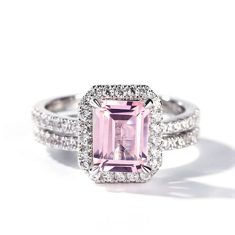 Halo Emerald Cut Synthetic Morganite Sterling Silver Ring Set