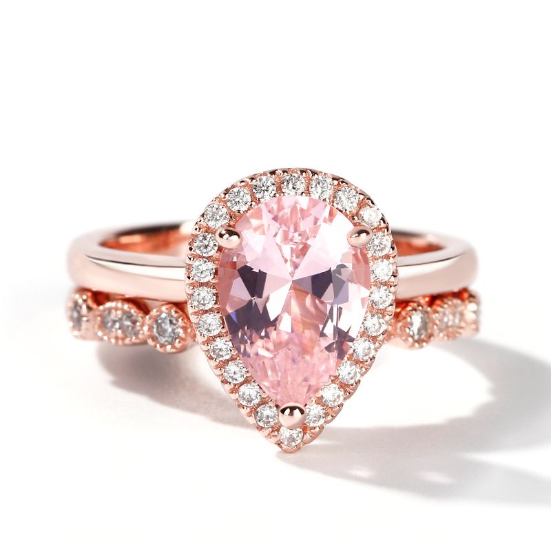 Halo Milgrain Pear Cut Synthetic Morganite Sterling Silver Ring