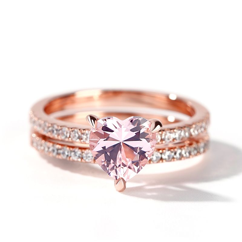 Pink Heart Cut Synthetic Morganite Sterling Silver Ring Set