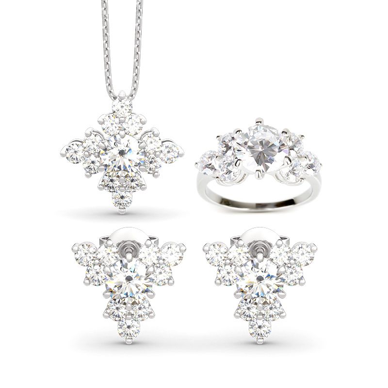 Sparkling Cluster Round Cut Sterling Silver Jewelry Set