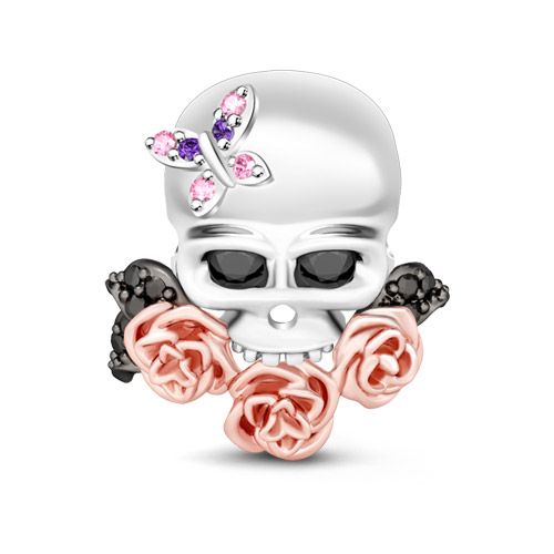 Skull With Roses Charm Sterling Silver