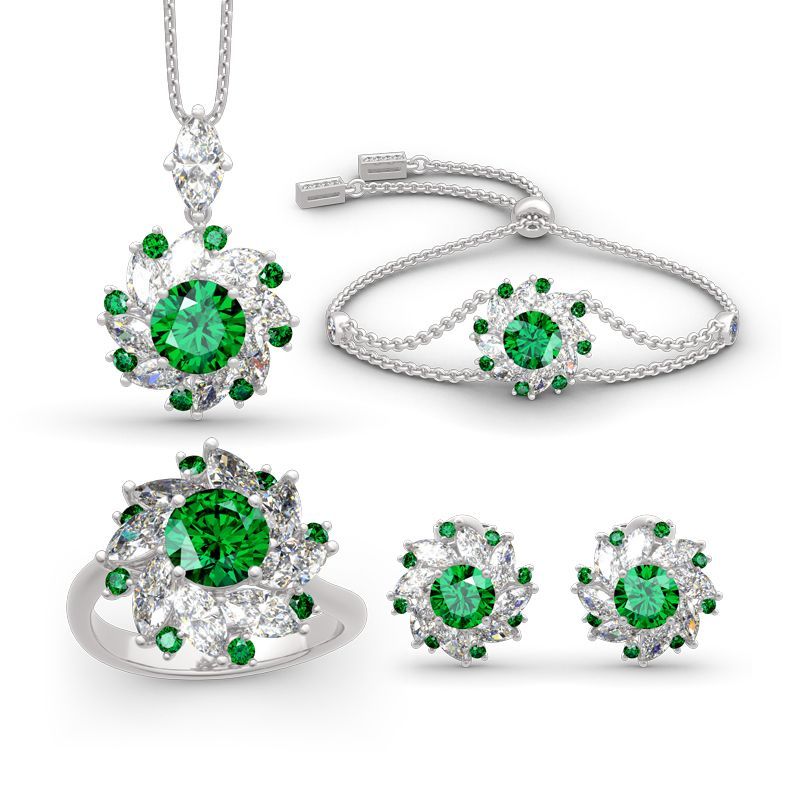 Halo Round Cut Sterling Silver Jewelry Set