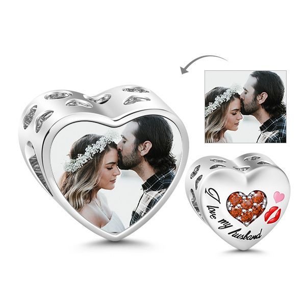 I Love My Husband Heart Shape Photo Charm Sterling Silver