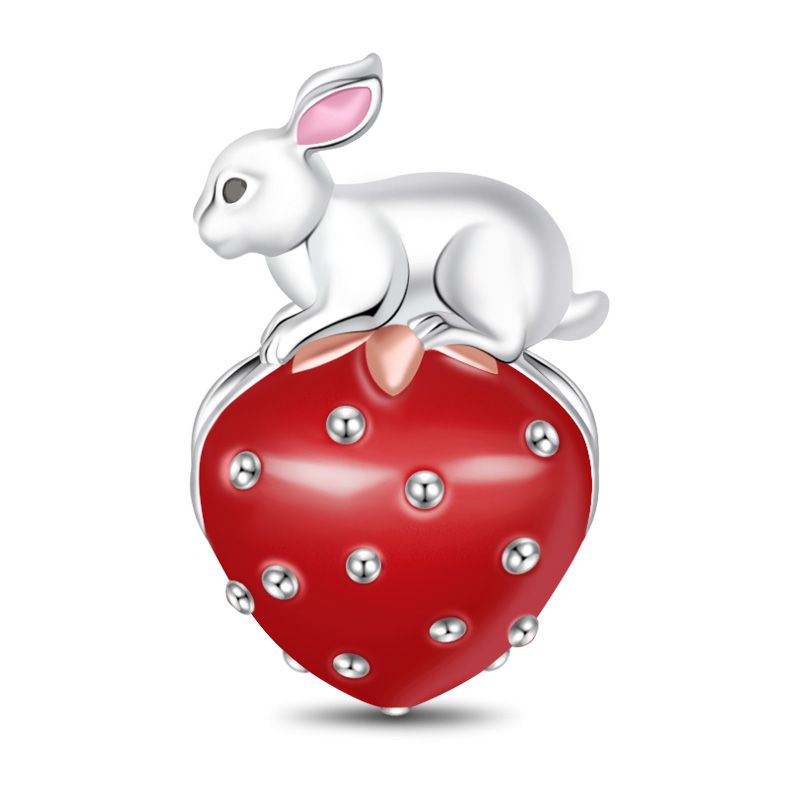 "Beautiful Life" Red Strawberry Rabbit Sterling Silver Charm