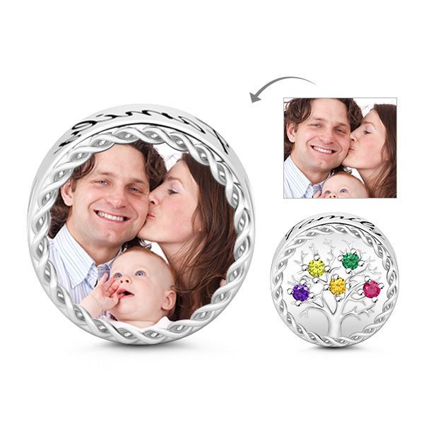 Colorful Stones Family Tree Photo Charm Sterling Silver