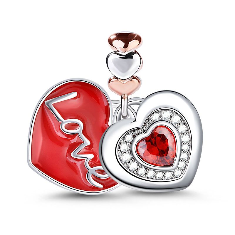 Love Two Red Hearts Sterling Silver Dangle Charm