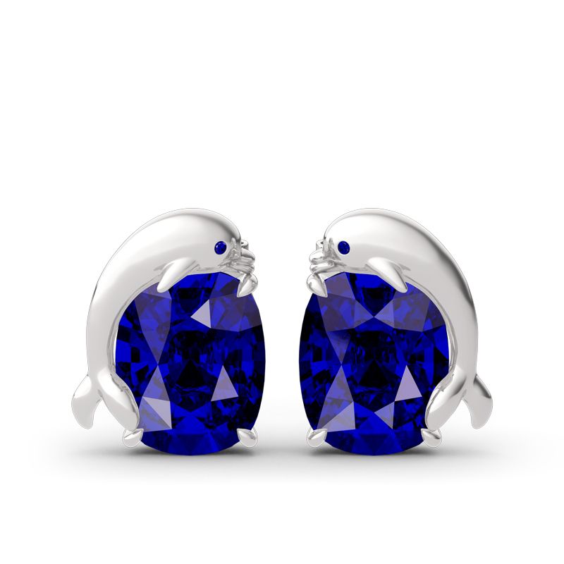 Lovely Dolphin Sapphire Cushion Cut Sterling Silver Stud Earring