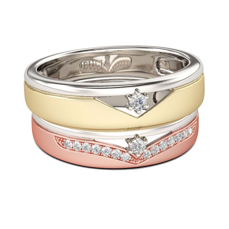 Two Tone Round Cut Sterling Silver Band Set