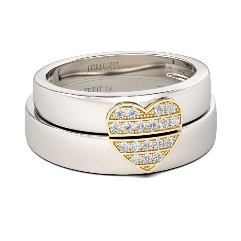 Two Tone Heart Design Round Cut Sterling Silver Band Set