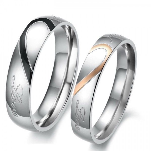 Two Tone Heart Titanium Steel Couple Rings