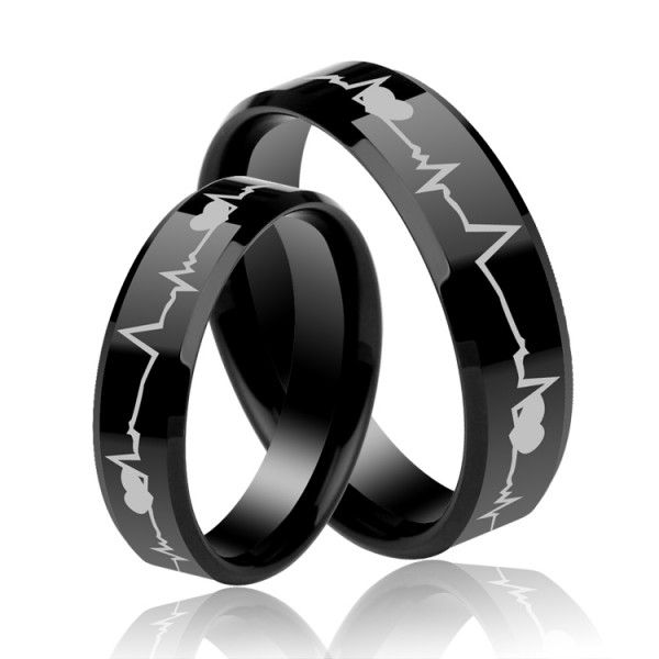 Black Heartbeat Style Tungsten Steel Couple Rings