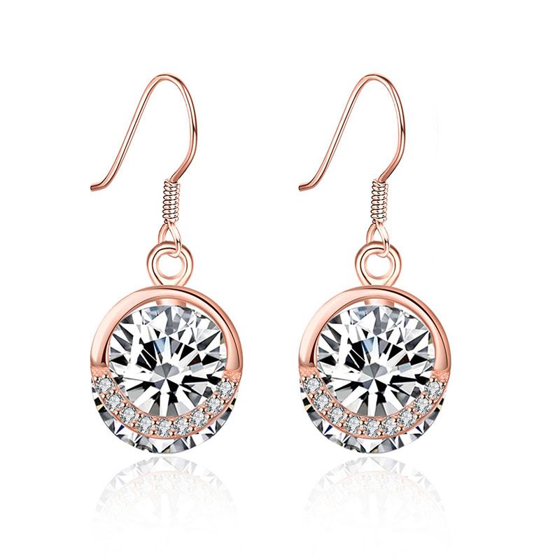 Rose Gold Tone Round Cut Stone Sterling Silver Earring Drops