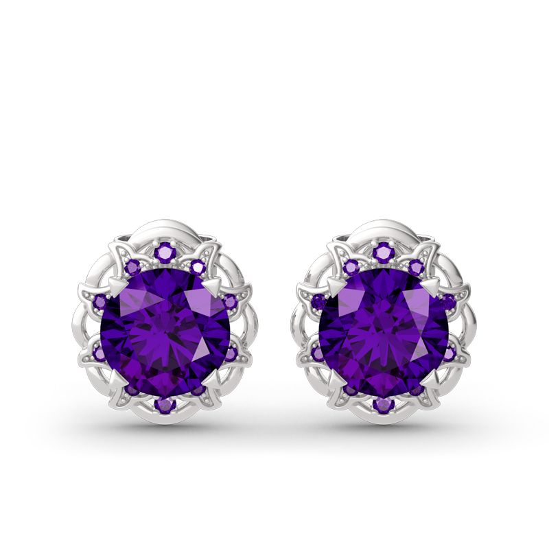 Amethyst Flower Round Cut Sterling Silver Stud Earrings