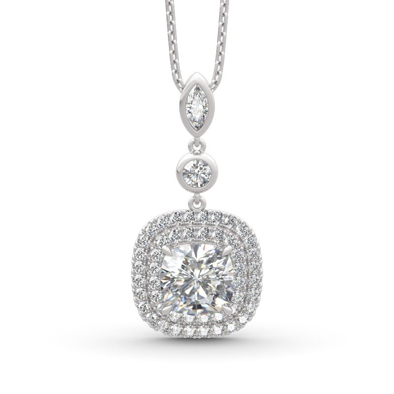 Double Halo Cushion Cut Sterling Silver Necklace