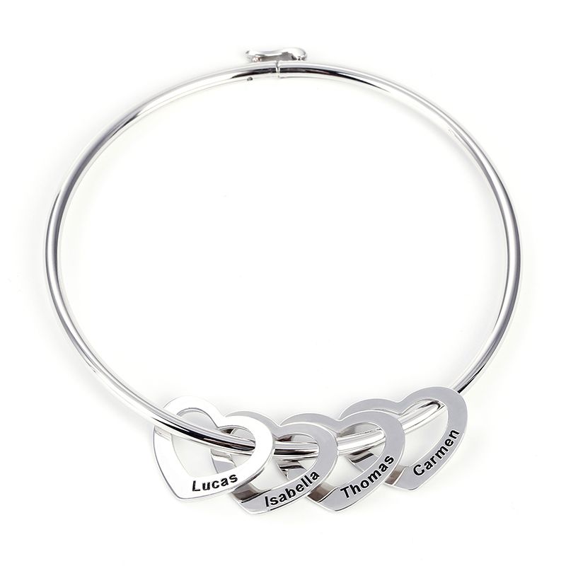 Bangle Bracelet with Heart Shape Pendants in Sterling Silver