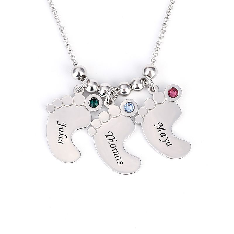 Baby Feet Engraved Necklace With Birthstones Sterling Silver