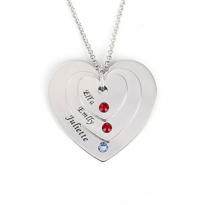 Engraved Three Heart Necklace With Birthstones Sterling Silver