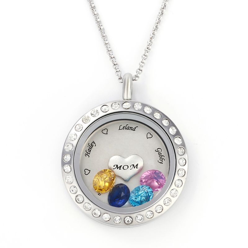 Engraved Floating Locket Necklace With Charms And Birthstones St