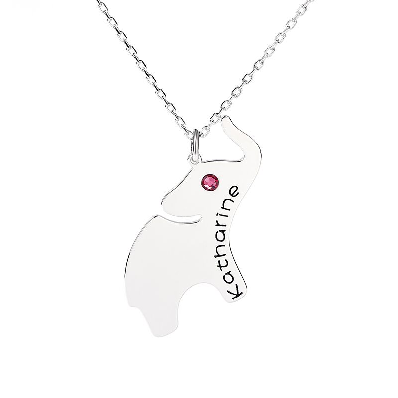 Elephant Engraved Necklace with Birthstone Sterling Silver