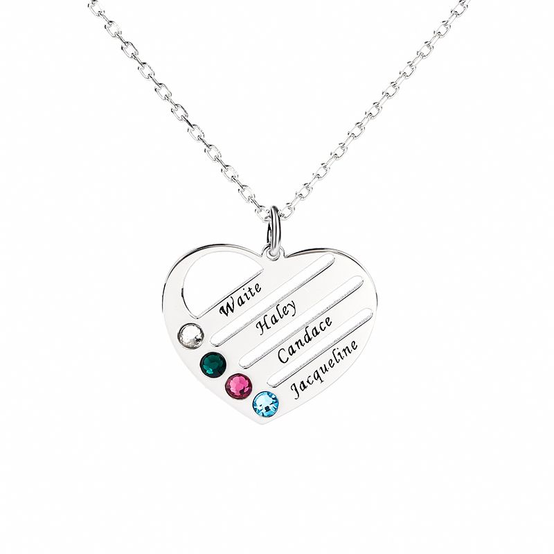 Heart Shape Family Necklace with Birthstones Sterling Silver