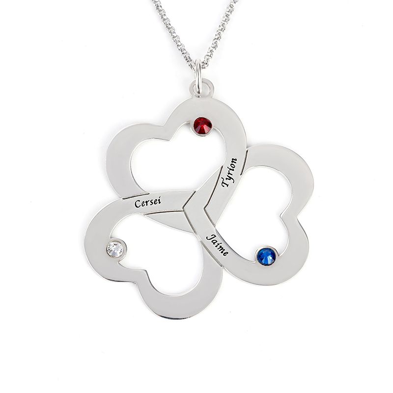 Triple Heart Engraved Family With Birthstones Necklace Sterling