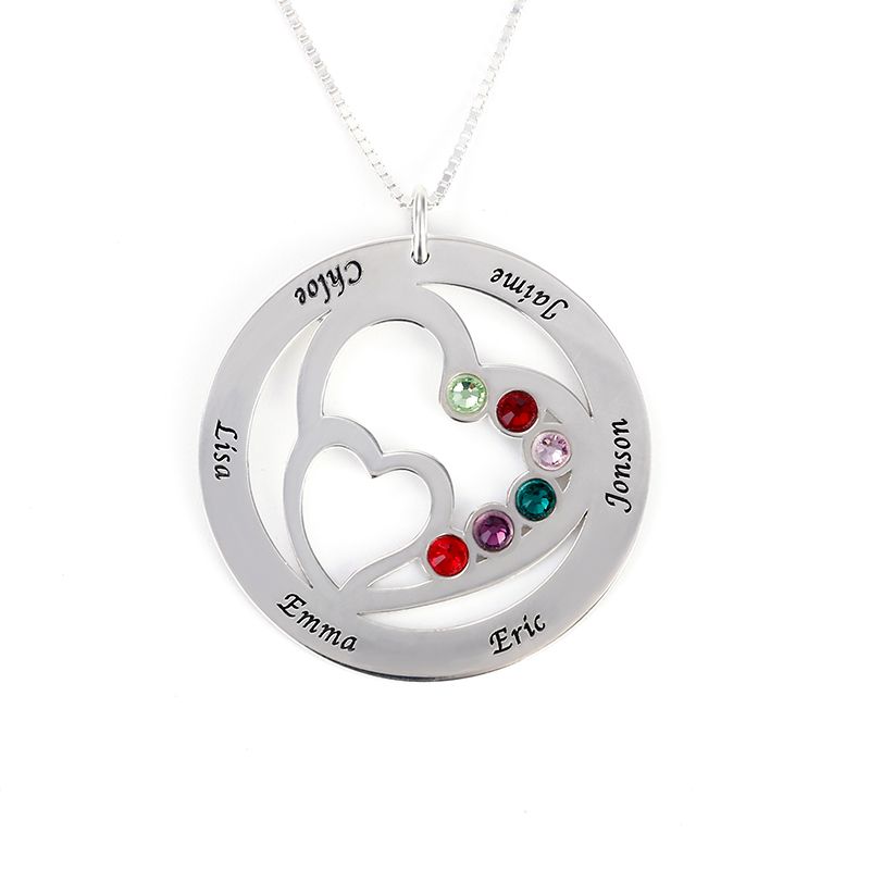 Heart in Heart Family Necklace with Birthstones Sterling Silver