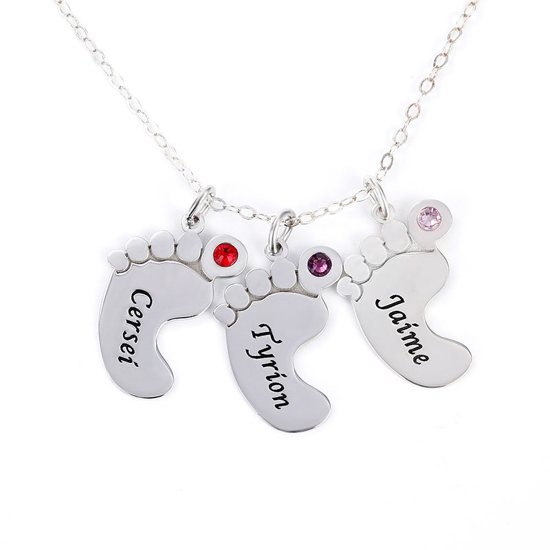 Engraved Baby Feet Family Necklace with Birthstones Sterling Sil