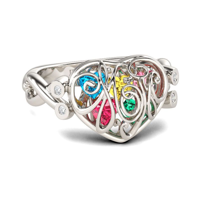 Heart Shape Birthstones Sterling Silver Ring