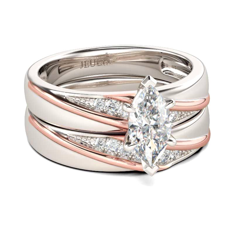 Diagonal Marquise Cut Sterling Silver Ring Set