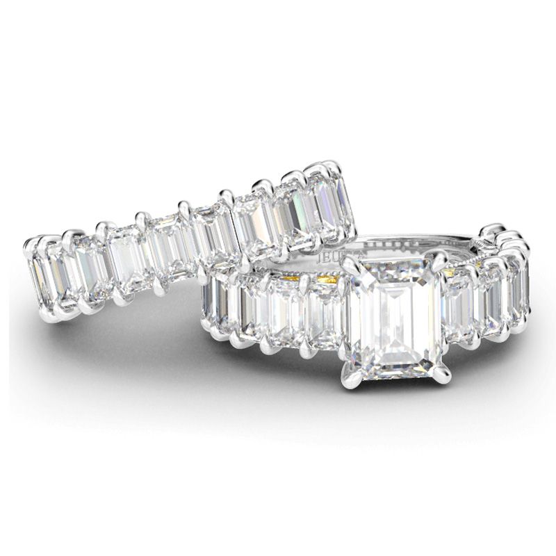 Two Tone Scrollwork Emerald Cut Sterling Silver Ring Set