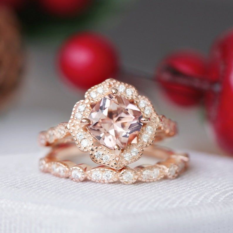 Floral Halo Cushion Cut Synthetic Morganite Sterling Silver Ring