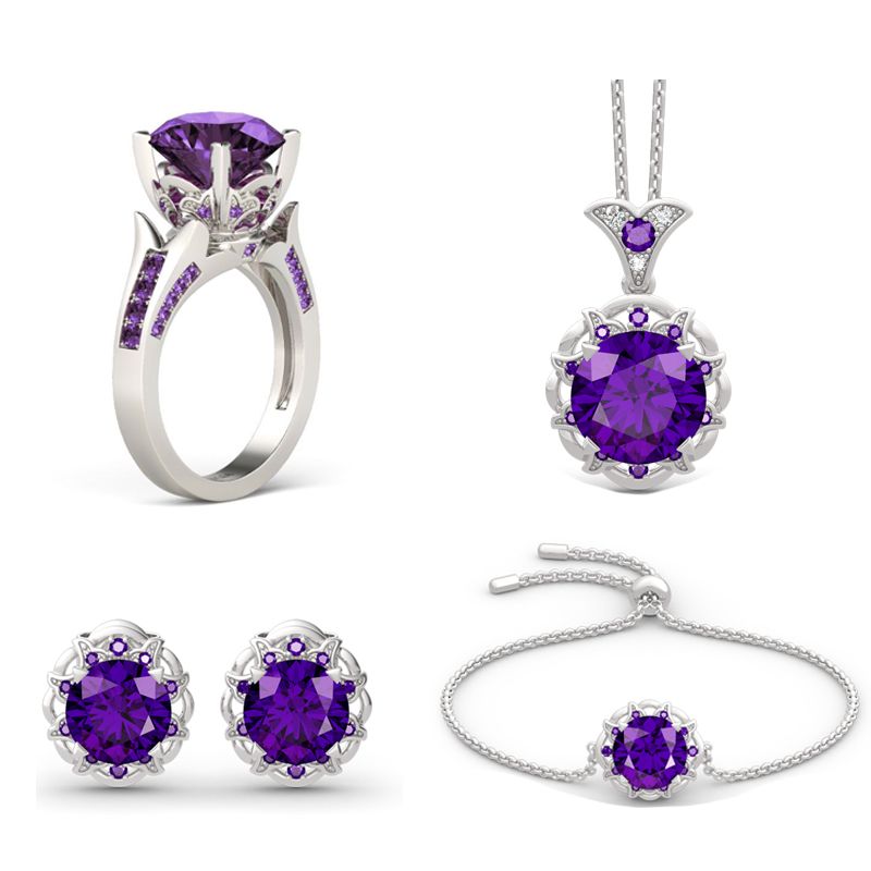 Amethyst Flower Round Cut Sterling Silver Jewelry Set