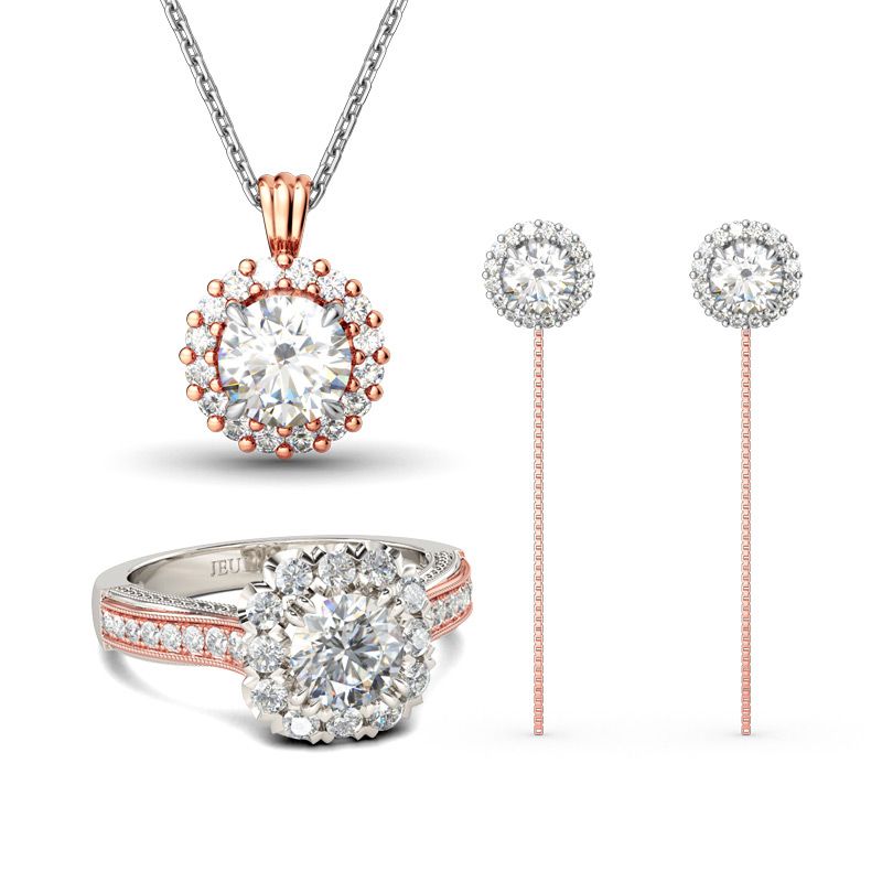 Two Tone Halo Round Cut Jewelry Set