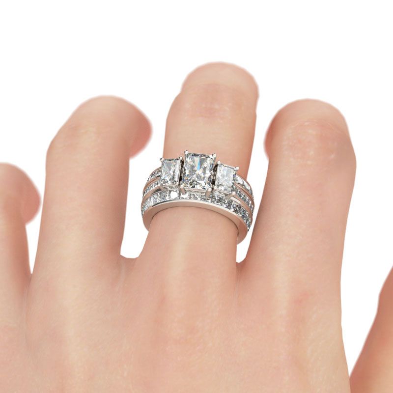 3PC Three Stone Radiant Cut Sterling Silver Ring Set