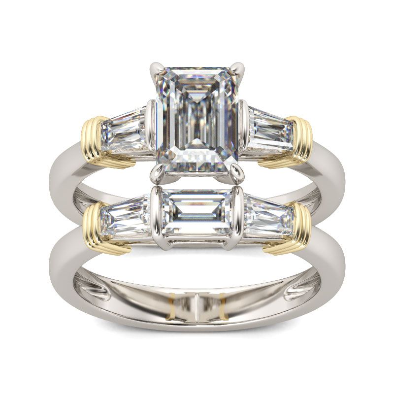 Three Stone Emerald Cut Sterling Silver Ring Set