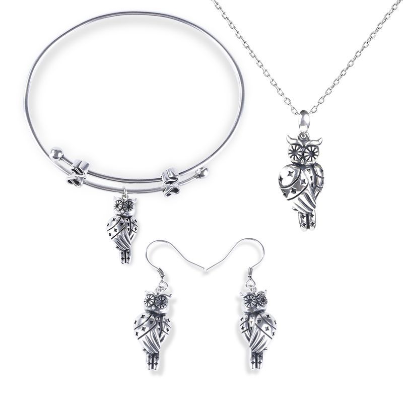 Cute Owlet With Stars Sterling Silver Jewelry Set