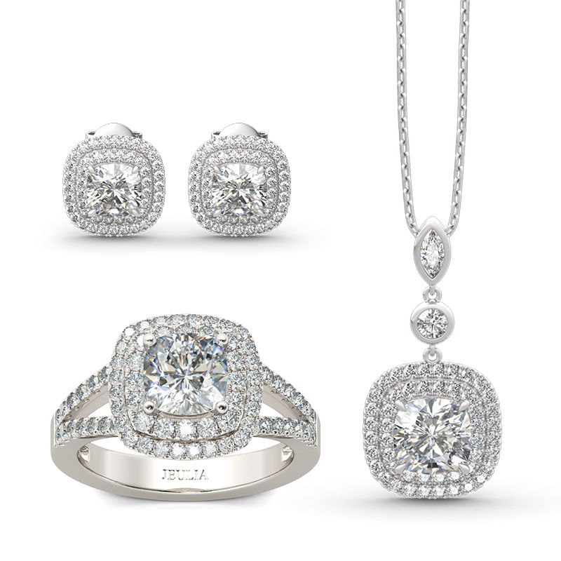 Double Halo Cushion Cut Sterling Silver Jewelry Set