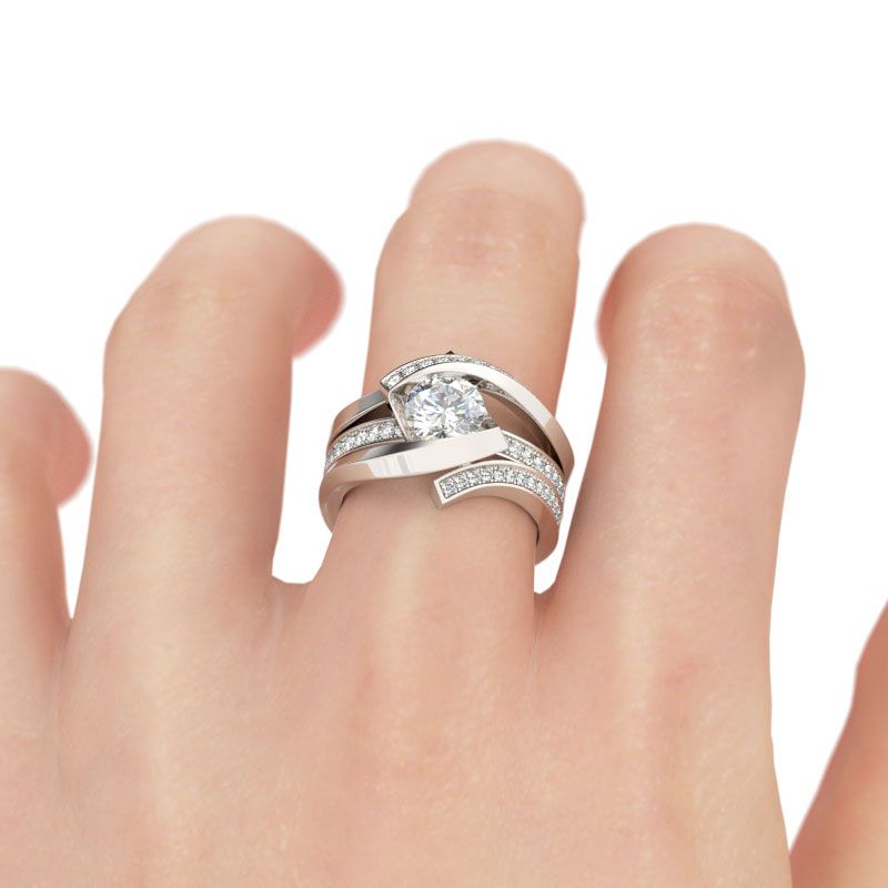 Bypass Round Cut Sterling Silver Ring Set