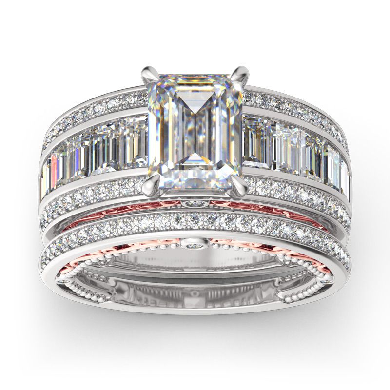 Emerald Cut Sterling Silver Ring Set