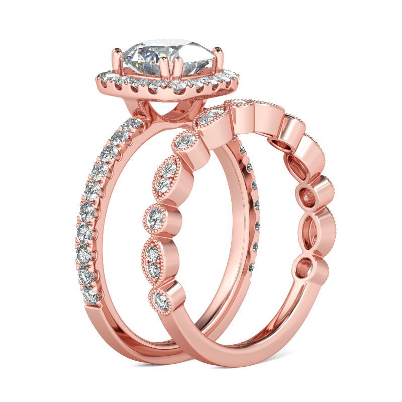 Rose Gold Tone Halo Cushion Cut Sterling Silver Ring Set